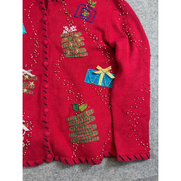 VTG Studio Joy Christmas Cardigan Women M Red Knit Beaded Patchworks Grandma 90s - Picture 8 of 10